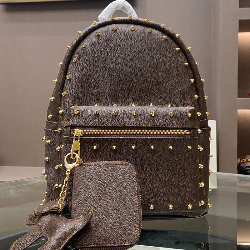 

Unisex Backpack Handbag Shoulder Bag Fashion Women Genuine Leather L Letter Pattern Zipper Leisure Style Rivet High Quality Schoolbag, 27*33cm