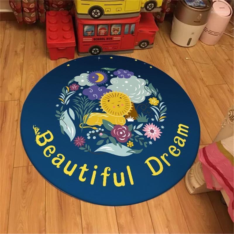 

Blue Beautiful Dream Kids Room Rug Round Cartoon Lion Print Velvet Fabric Polyester Carpets Children's Playmat1, As picture