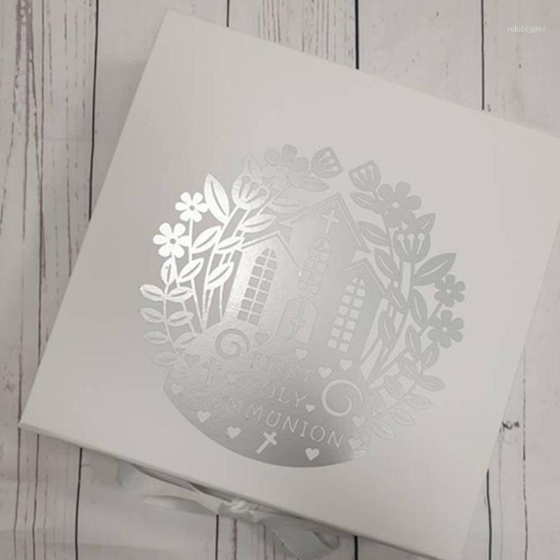 

First Holy communion gift box, Foil silver memory Gift Boxes with fixed grosgrain ribbon boxes cutom Wedding1