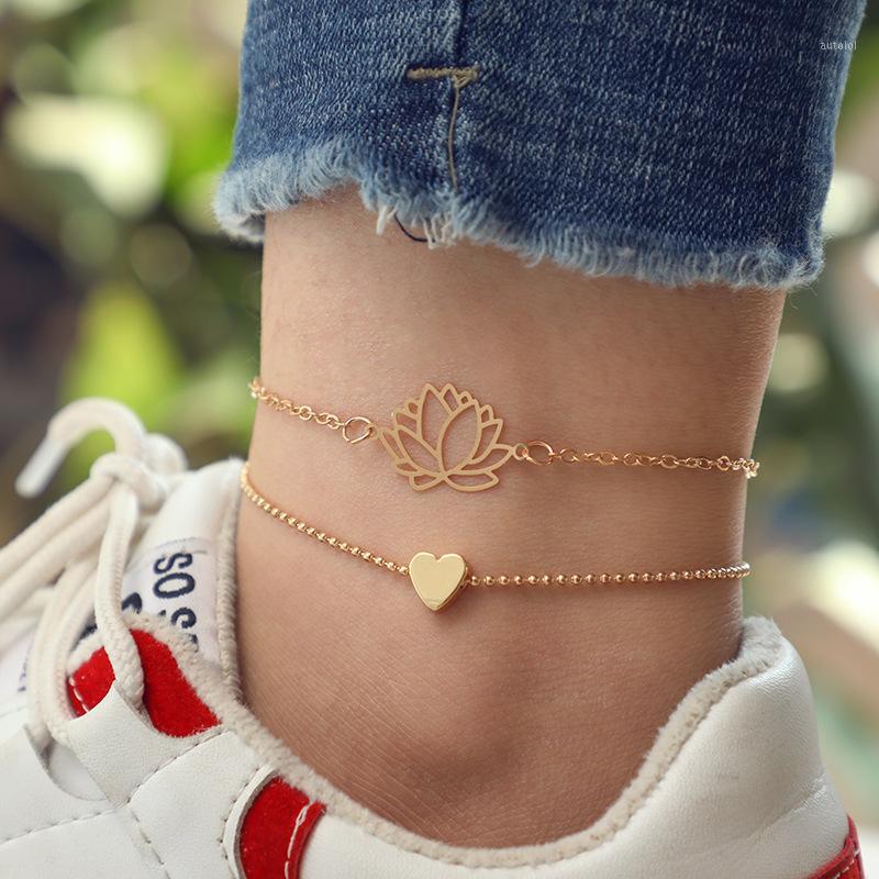 

Fashion Retro simple Hollow Lotus Lotus Heart Bracelet Two-piece set Double layer Bracelet An anklet Ladies gift1