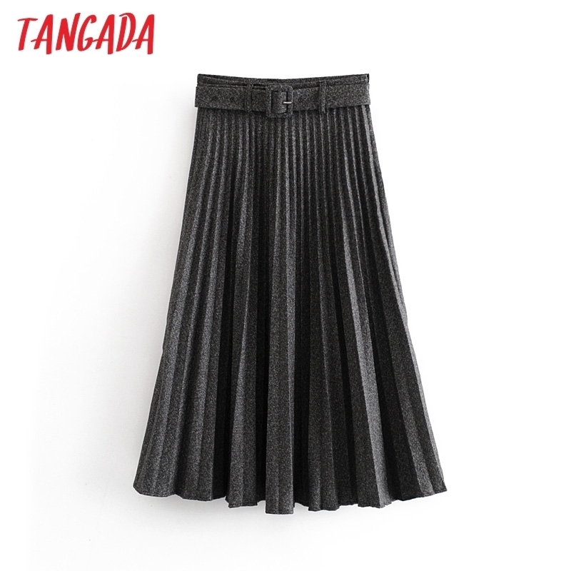 

Tangada women gray pleated midi skirt faldas mujer winter vintage zipper office ladies elegant chic mid calf skirts 6A311 Y200326, Dark grey