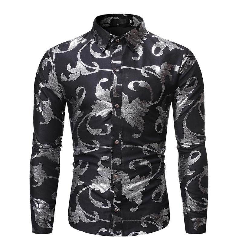 

Black Fancy Flowered Gold Print Dress Shirt Men 2020 Autumn New Luxury Design Slim Fit Men Tuxedo Shirts For Club Party Disco