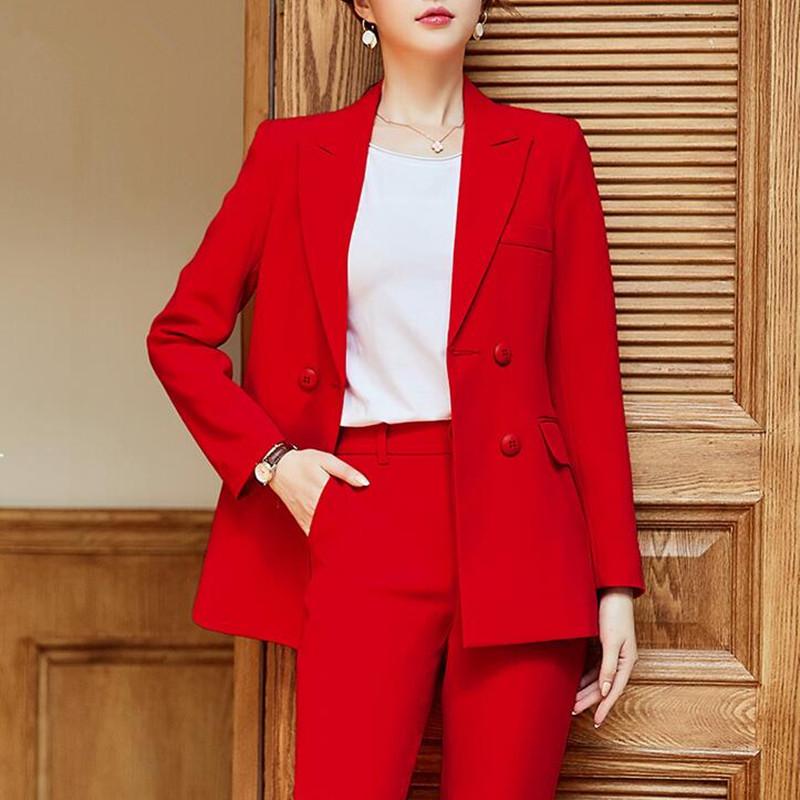 

Pant Suit Women 2020 Office Ladies Wear Business Formal Work Elegant Double Breasted Blazer Two Piece Set Pantsuits Plus Size, Black