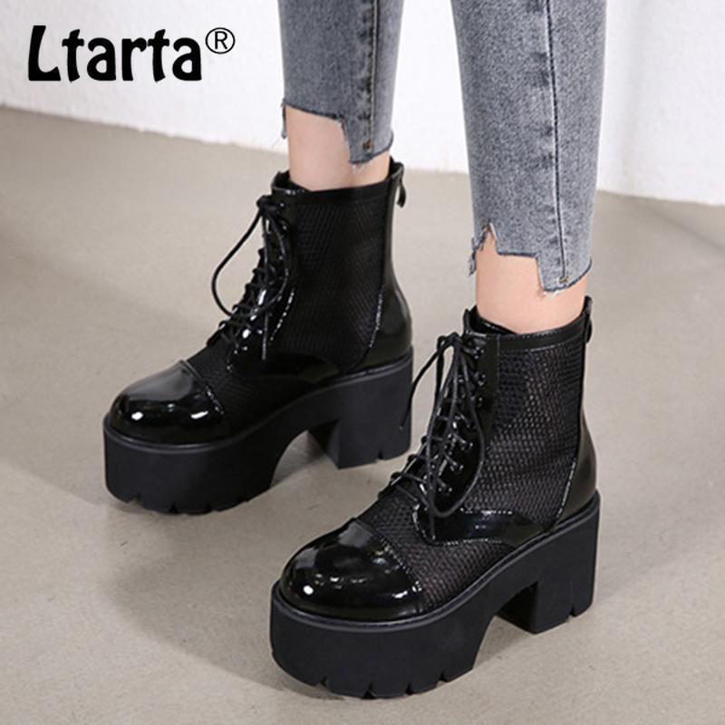 

LTARTA 2020 New Boots Breathable Mesh Boots British Thick Bottom Slanted Heel High Heel Slanted -211-21, Black