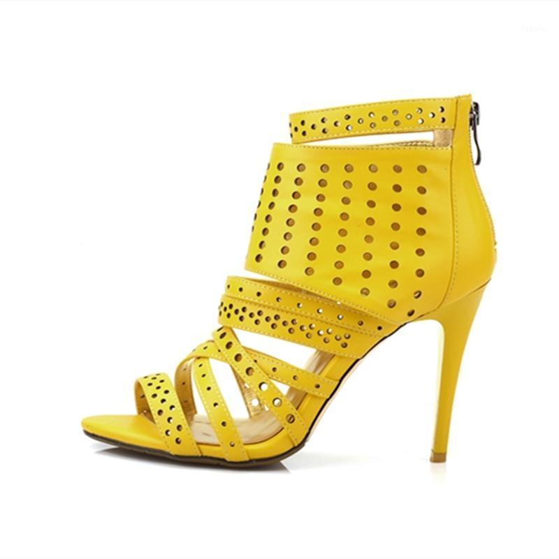 

MKKHOU fashion new yellow leather sandals women with open toe holloway stiletto heels with 10cm high heels open shoe women1