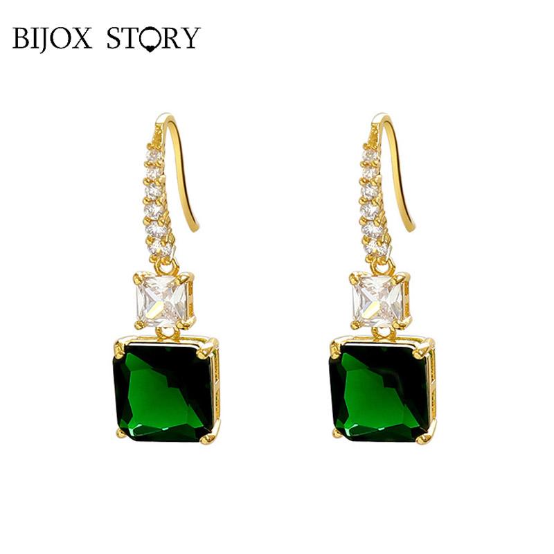

BIJOX STORY Classic 925 Sterling Silver Drop Earrings for Women Jewelry with Square Shape Emerald Gemstone Earring Wedding Party