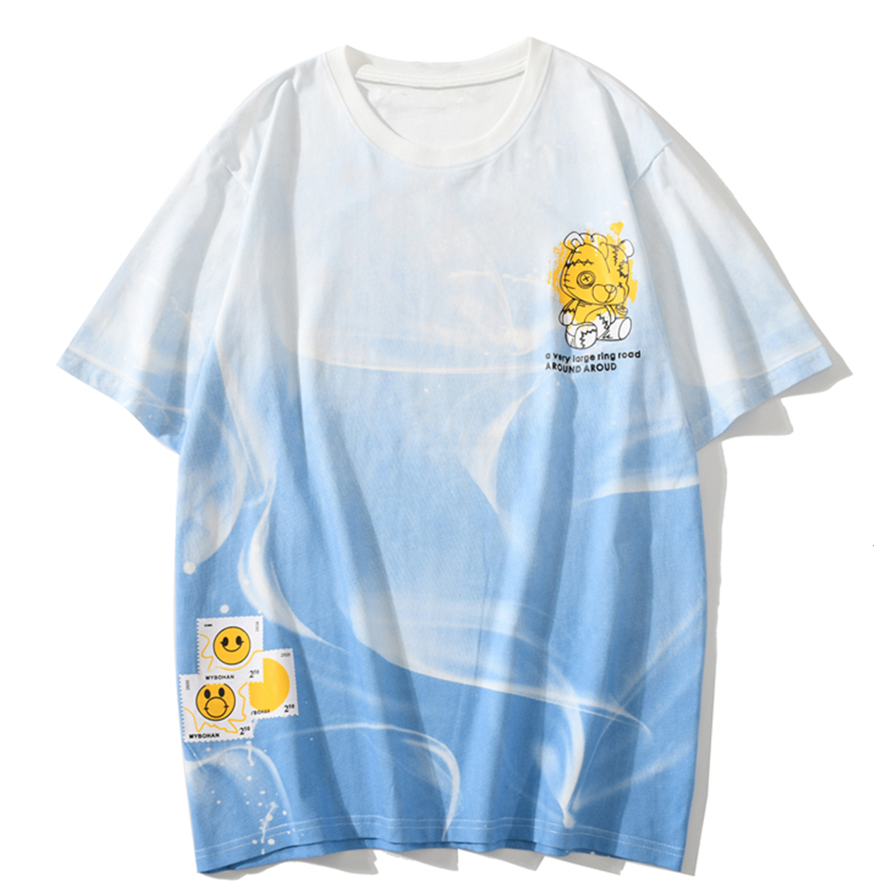 

2021 New Aelfric Eden Harajuku Streetwear Men Hip Hop Gradient Cartoon Bear Print Short Sleeve Tshirt Cotton Oversized Casual Tops 477a, Red