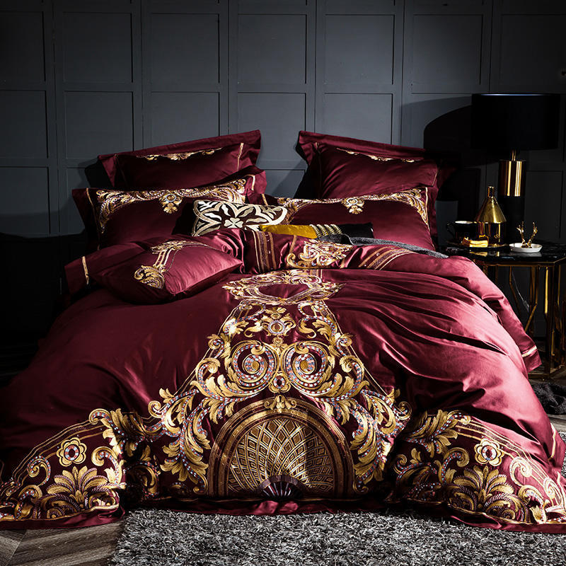 

1000TC Luxury Egyptian Cotton Duvet Cover Set Bed Sheet Pillow shams Shabby Chic Embroidery Bedding set Red Grey King  size 201104, Color 2