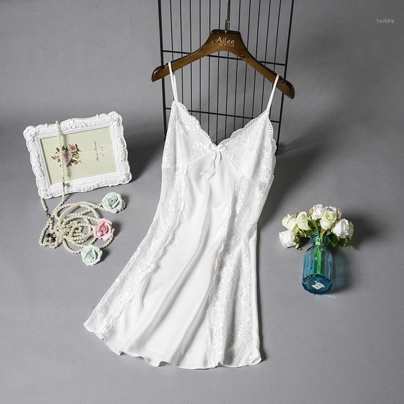 

Lace Patchwork Nightie Lady Satin Silky Homewear Nightdress Sleepwear Sexy Spaghetti Strap Nightgown Bridal Wedding Gift1, Black