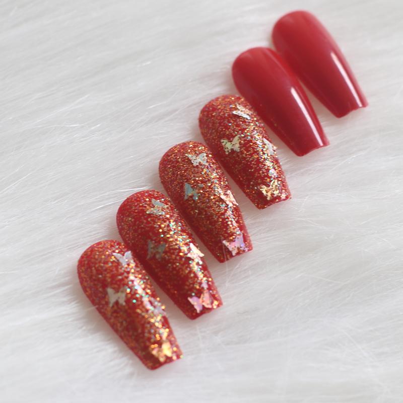 

24pcs latest candy long ballet handmade crystal diamond fake nails sexy red, P1329