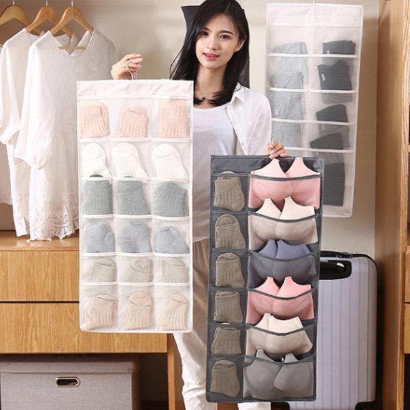 

New Closet Organizer Underwear Socks Bra Fabric Storage Hanging Bag Thick Oxford Cloth Double-Sided Storage Hanging Bag, Grey