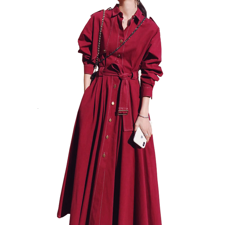 

2021 New Autumn Turn Down Long Sleeve Casual Maxi with Belt Trench Style Women Vestidos W7ls, Dark blue