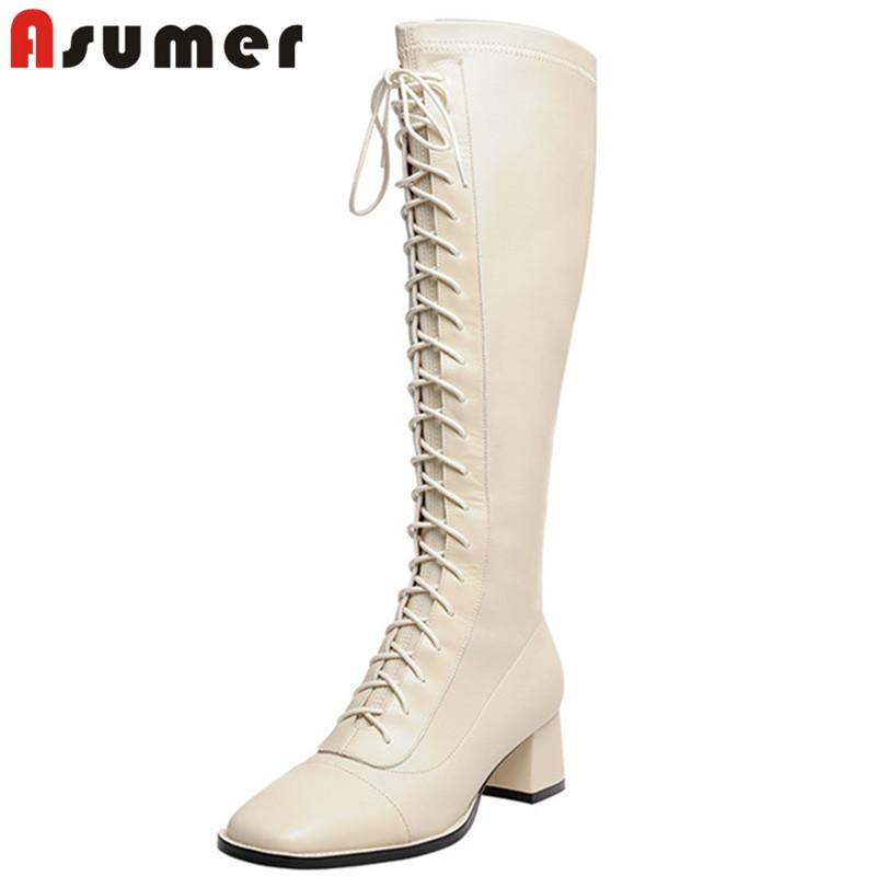 

ASUMER 2020 hot sale autumn winter knee high boots women genuine leather +pu cross tied thick heel casual shoes ladies boots, Black not fur