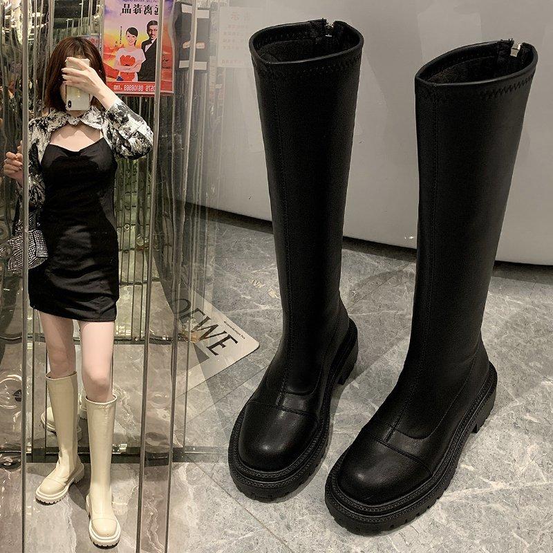 

2021 Autumn New Ladies Boots Solid Color All-match Long Boots PU Casual Women's Wear-resistant Non-slip Flat, Creamy-white