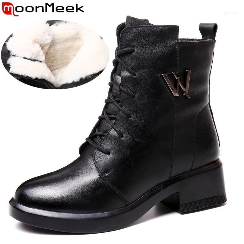 

Boots MoonMeek Size 35-40 Winter Genuine Leather Round Toe Zip Ladies Ankle Cross Tied Keep Warm Wool Snow Women1, Black