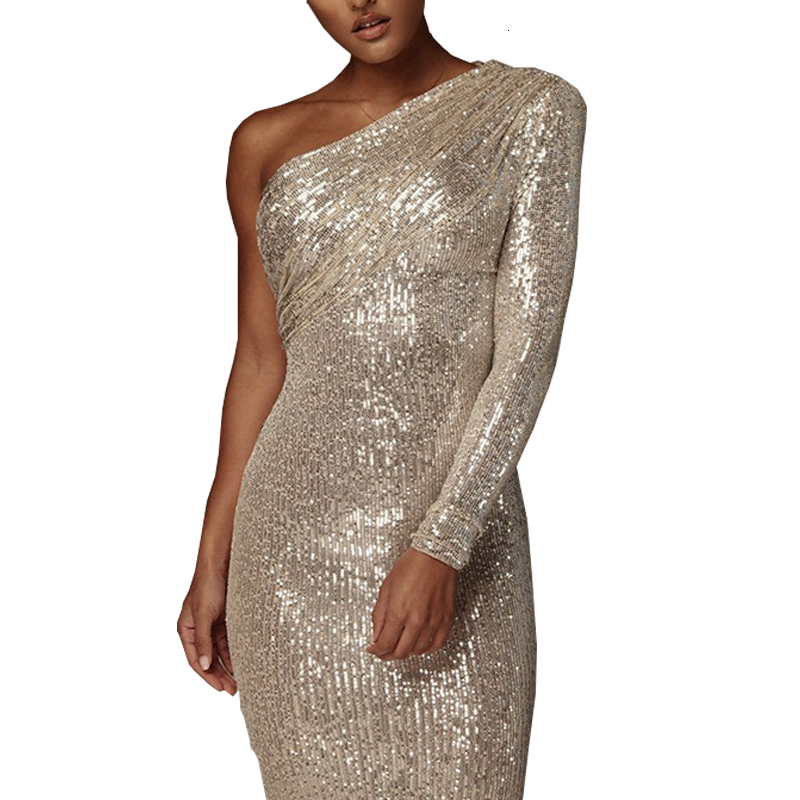 

2021 New Sequins Beading One Shoulder Slim Body Sexy Midi High Waist Women Party Vestidos 5nun, Gold