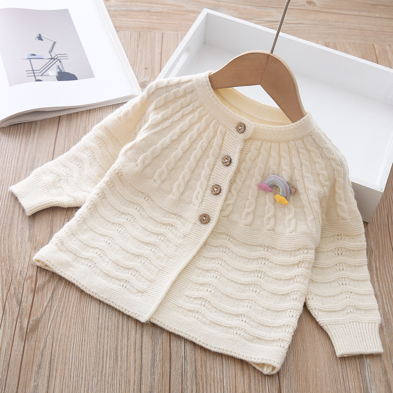 

girls cardigan autumn winter baby girls pure color rainbow brooch knitted sweater children top clothes wholesale, Beige