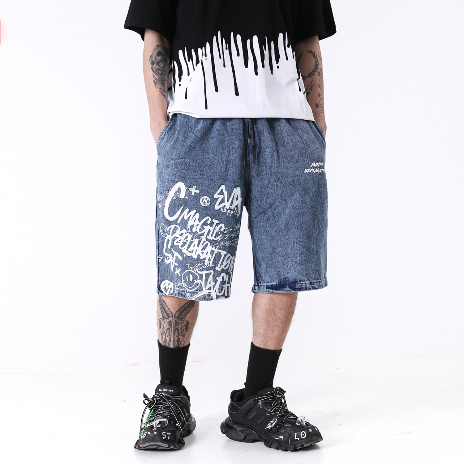 

2021 New Summer Vintage Letter Print Denim Men Hip Hop Fashion Casual Joggers Streetwear Knee Length Harem Shorts Loose 821u, Blue