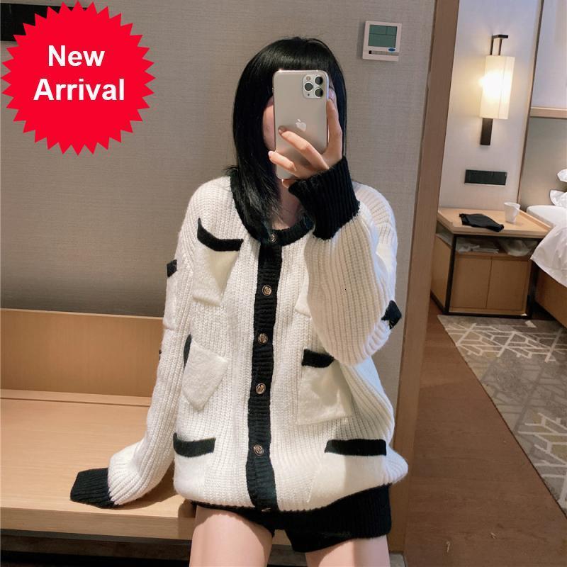 

New New 2021 Autumn Around the Black and White Neck Contrast Loose Fashion Multi-pocket Hierarchical Cardigan Sweater RTZM