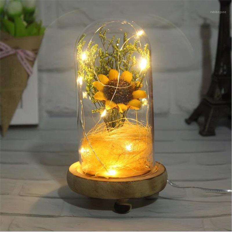 

Artificial flowers glass cover wooden base LED light sunflower craft ornaments home decoration creative Valentine Christmas gift1, Jm-142