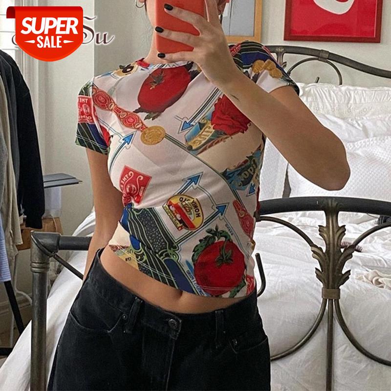 

ArtSu Aesthetics Harajuku Top Printing Mesh T-Shirts Y2K Streetwear O-Neck Short Sleeve Tee Shirt Femme 2021 Transparent TS52686 #hL2m, White