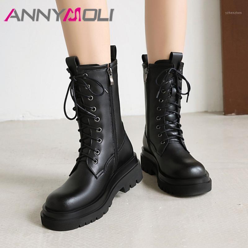 

Boots ANNYMOLI Motorcycle Woman High Heel Mid Calf Lace Up Chunky Shoes Zip Platform Female Black Plus Size 431