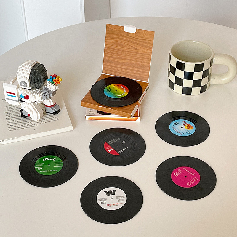

New Fashion Spinning Retro Vinyl CD Record Drinks Coasters Cup Mat 6pcs/Set Gift Box Packing