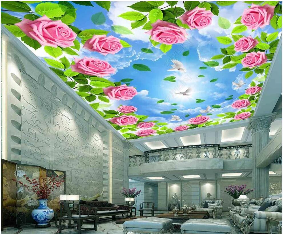 

3d ceiling murals wallpaper custom photo Blue sky white clouds green leaves forest flowers decor 3d wall mural wallpaper in the living room, Non woven wallpaper