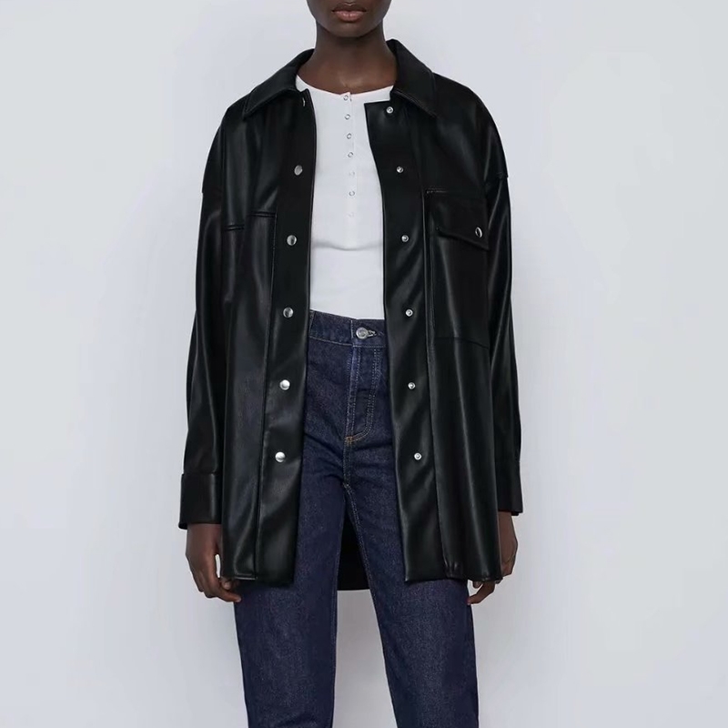 

PU Women Leather Jacket Spring Autumn Thin Shirt Coat Fashion Streetwear Black Female Jacket Esthetic Gothic Vintage Outfit 210201