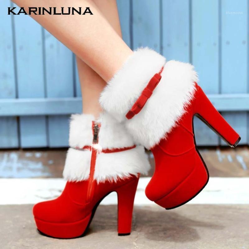 

Karin High Qulity Shoes Women Big Size 43 Platform Round Toe Short Plush Bowknot Ankel Spike Heels Flock Sweet Women Boots1, Red