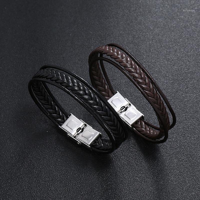 

Noter Mens Leather Bracelet Hiphop Rock Stainless Steel Braslet Male Accessories Three Layers Woven Brazalete Viking Jewelry1