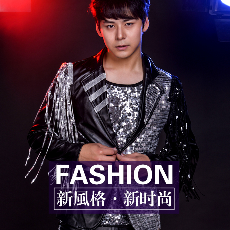 

2021 New -6xl!! Disco Music Watch Performance Clothes Men Suit Host Fringe Leather Jacket Patchwork Cool Fashion. R8VV, Jacket and pant