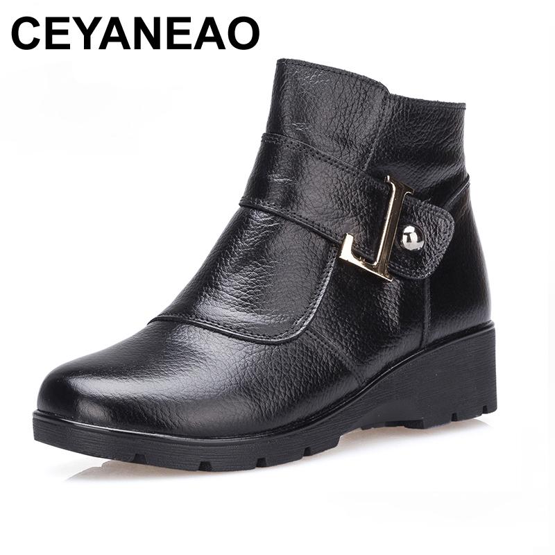 

CEYANEAO Fashion Winter Boots Women Genuine Leather Flat Ankle Boots Casual Warm Shoes Woman Snow Women Plus Size, Black