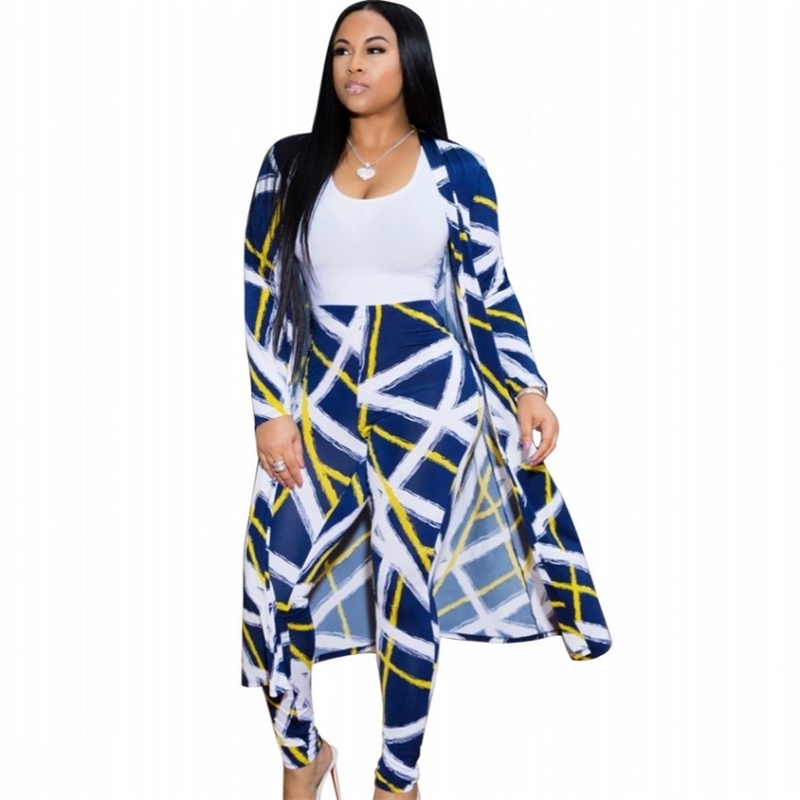 Deux pièces correspondant ensembles sexy imprimé 2 pièces ensemble femmes vêtements 2019 long cardigan hauts + pantalons costumes décontracté aut