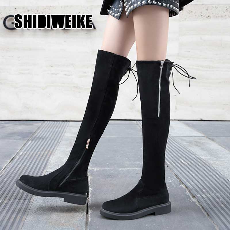 

2020 Fashion zipper autumn European and American Boots Than Knee High Roller Women's Stretch Boots Cotton Flat heel v625, Black without fur