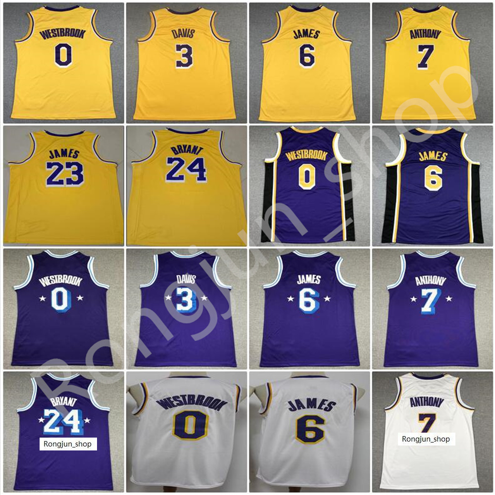 

2022 75th Anniversary Diamond Stitched Basketball Jerseys Russell Westbrook 0 Carmelo Anthony 7 Davis White Purple Yellow Color 6 James Top Quality Sports Shirts, Picture b 75th