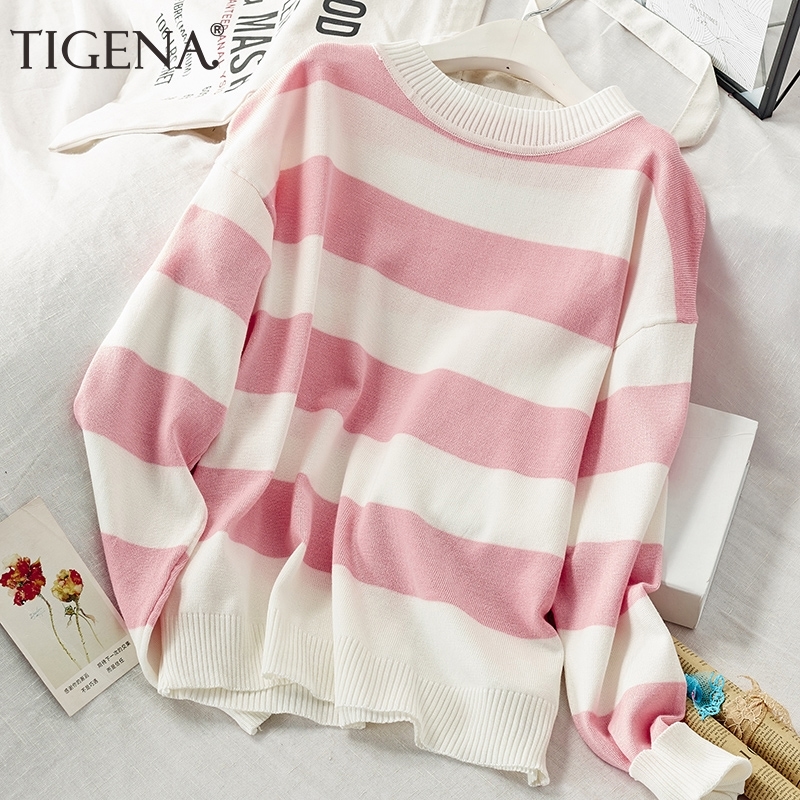 

TIGENA Contrast Color Loose Striped Sweater Women Jumper Fall Winter Korean Kawaii Cute Pullover Sweater Female Knitwear 201111, Apricot