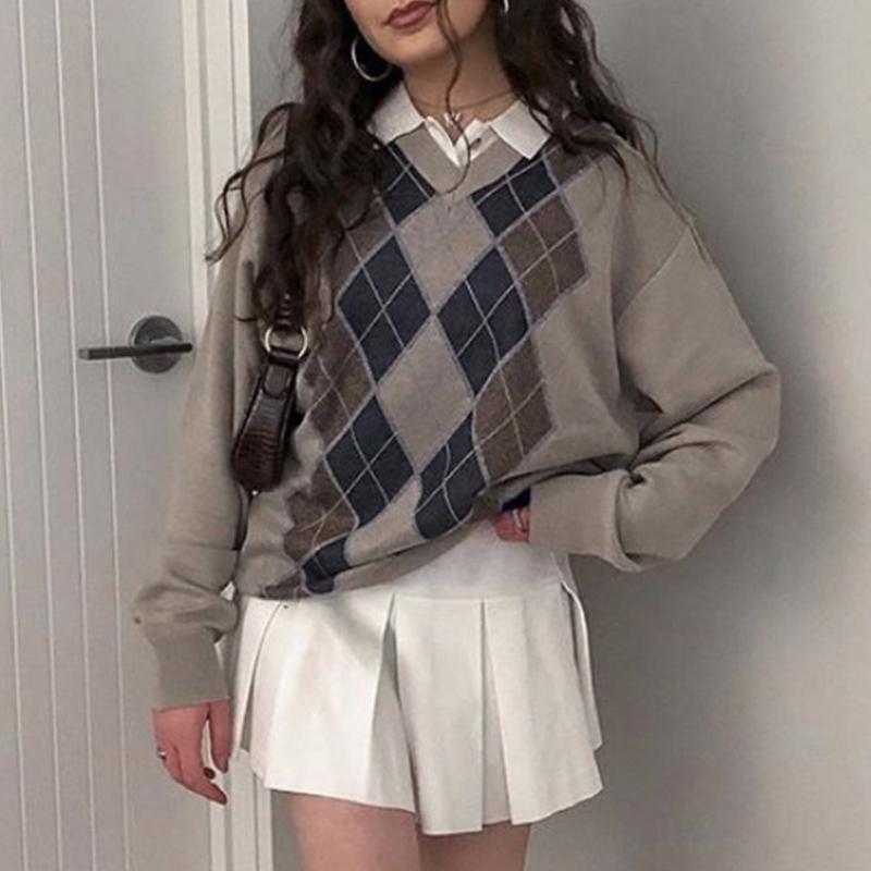 

Preppy Style Vintage V Neck Sweater Women Autumn Casual Argyle Plaid Y2K Jumper Female Korean Fashion Pullover Winter, Brown