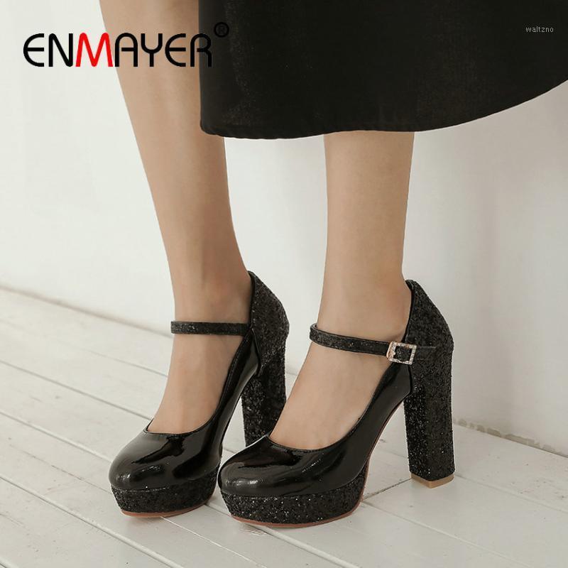 

ENMAYER Round Toe Patent LeatherBasic PU High Heel Booties Buckle Strap Wedding Shoes Fashion Spring/Autumn Women Shoes1, Black