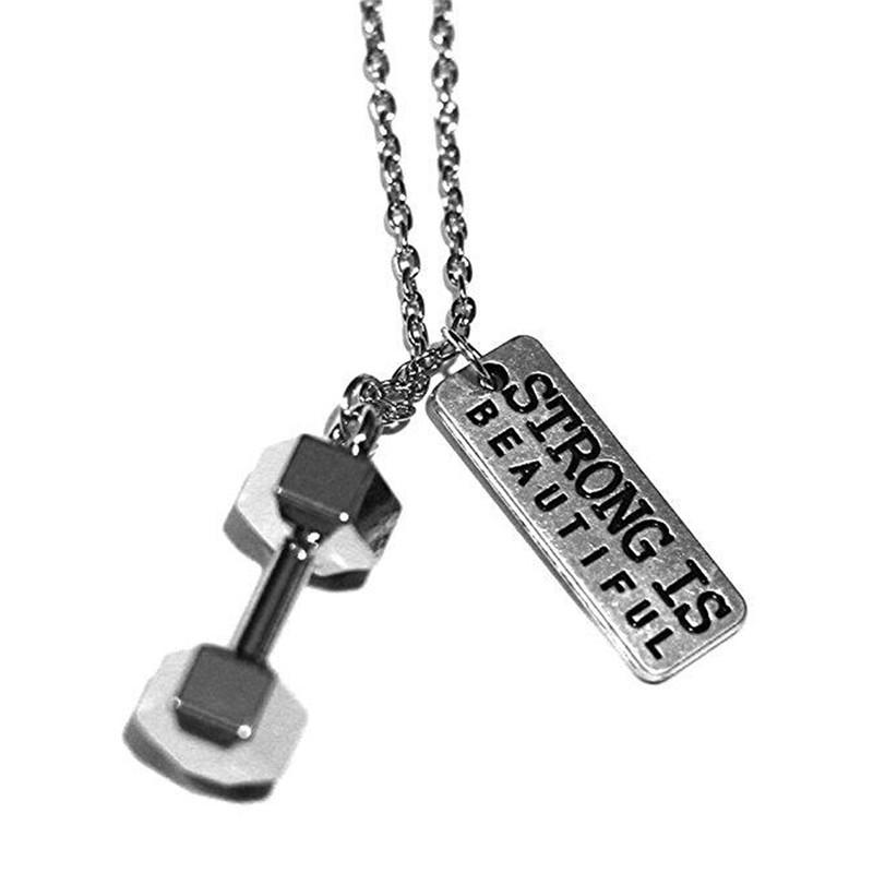 

Sporty Feeling Necklace Dumbbell Pendant Gym Fitness Feeling STRONG IS BEAUTIFUL Written Plate Zinc Alloy Dropshipping