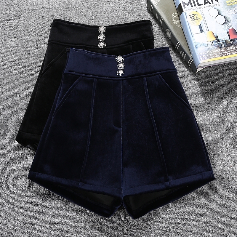 

High Quality Autumn Winter Velvet Shorts Women High Waist Korean Style Wide Leg Shorts Ladies Office Work Booty Shorts feminino Y200403, Black