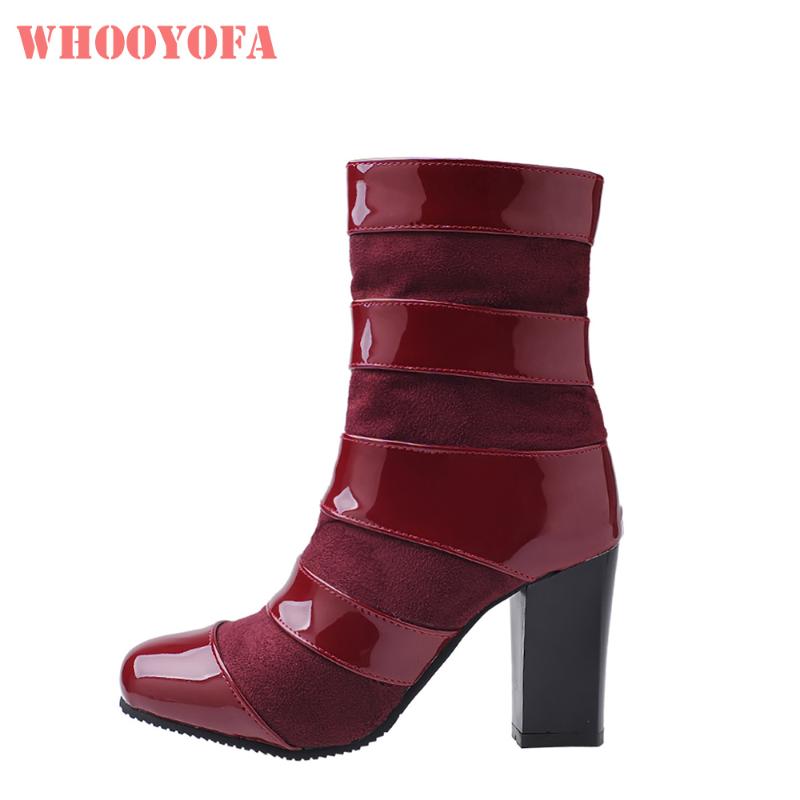 

Brand New Comfortable Black Red Women Mid Calf Boots High Square Heels Lady Party Shoes WH38 Plus Big Small Size 10 32 43 47