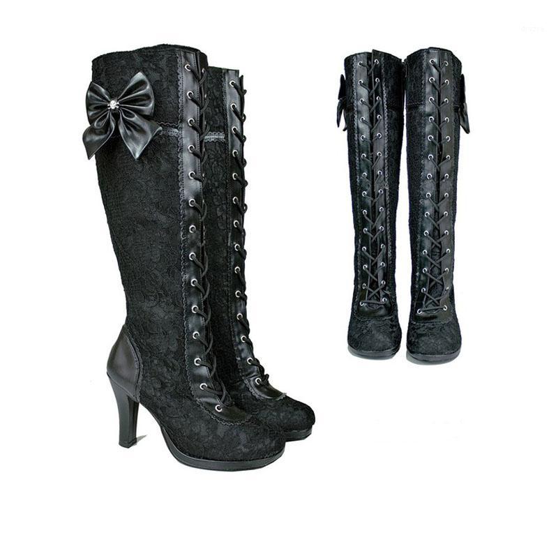 

Knee high boots women lace bowknot high heels black boots fashion sexy cross tied platform ladies shoes plus size botas mujer1