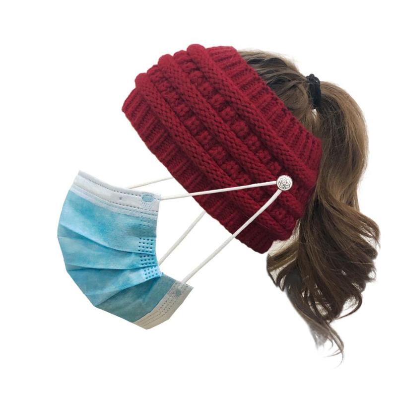 

Button For Hanging Mask Beanie Women Stretch Knitted Crochet Beanies Winter Hats For Women Hats Cap Warm Messy Bun, White
