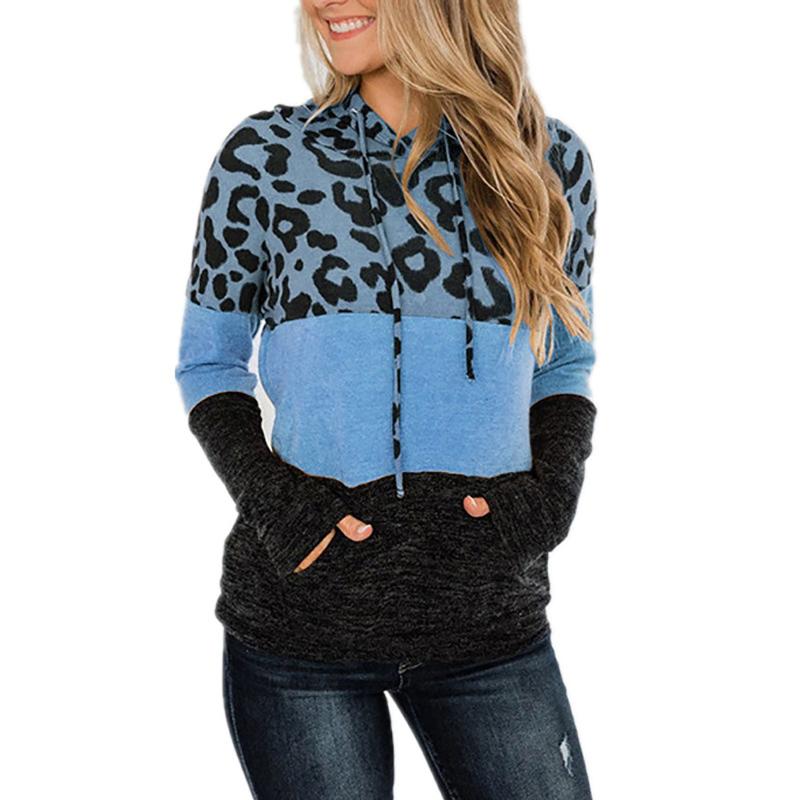 

Winter ladies fashion casual leopard print hooded stitching round neck long-sleeved Top basic versatile hoodie F04*, As photo