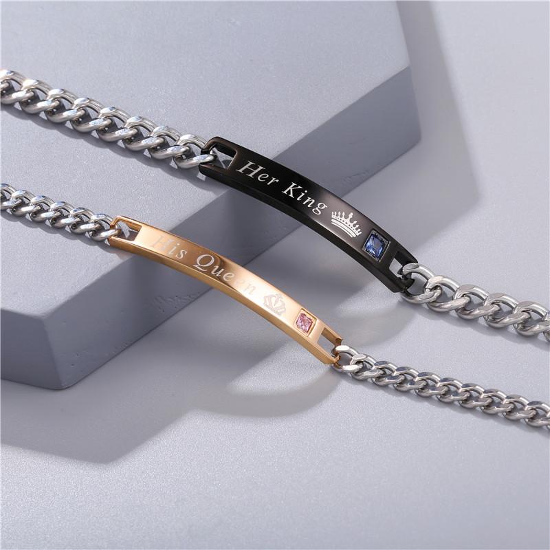 

Link, Chain His Queen Her King Black Rose Gold Color Bracelet Sets Stainless Steel Couple Bangle For Men Women Lover Hands Jewelry