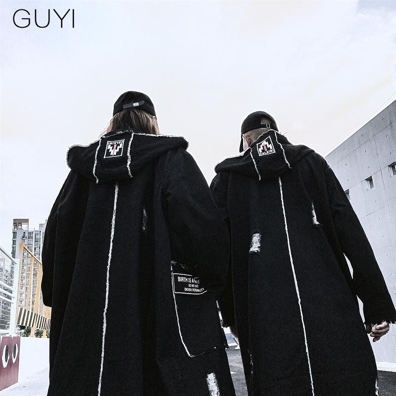 

Hip Hop Windbreaker Hole Hooded Long Trench Jackets Coats Men Edge Cloak Capes Gothic Punk Steampunk Print Denim Overcoat, Black trench