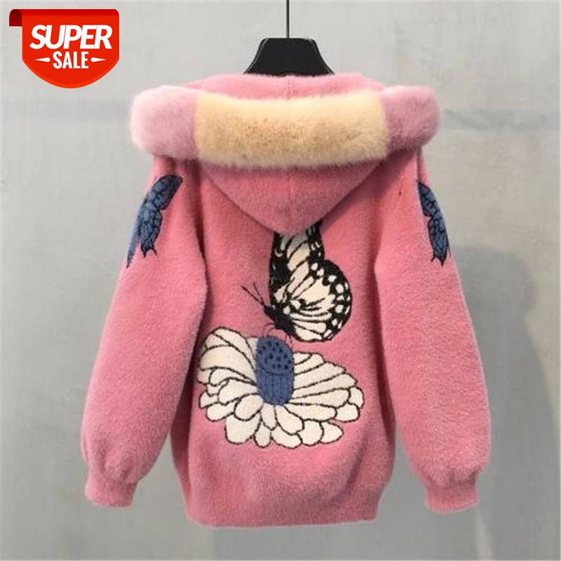 

women's coat loose embroidered thick velvet hooded sweater 2020 Female mink fur jacket autumn and winter women's cardigan #1m32, Black;brown