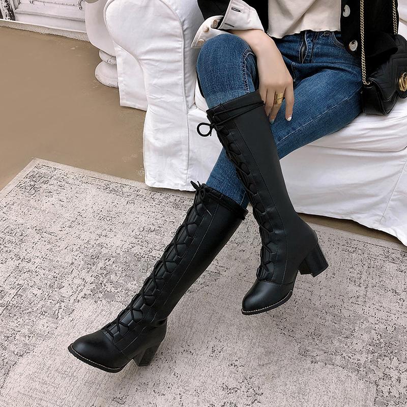

MKKHOU Fashion Knee-Length Boots Women New Winter Black Cross-Lace Plus Velvet Warm Leather Boots Large Size 34-48, Beige