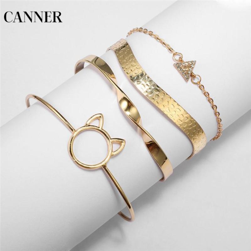 

Canner Boho Gold Color Geometric Adjustable Open Bangles Set For Women Cute Cat Ear Shaped Triangle Bracelets 4pcs/set1